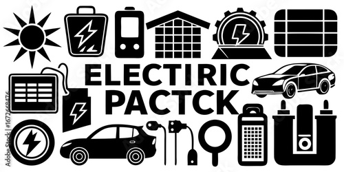 Collection of electric vehicle and renewable energy icons with text isolated on white background silhouette