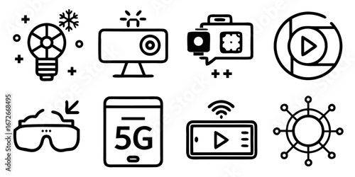 Collection of modern technology and connectivity icons including a lightbulb projector camera play button vr headset 5g phone and network hub silhouette isolated on white background
