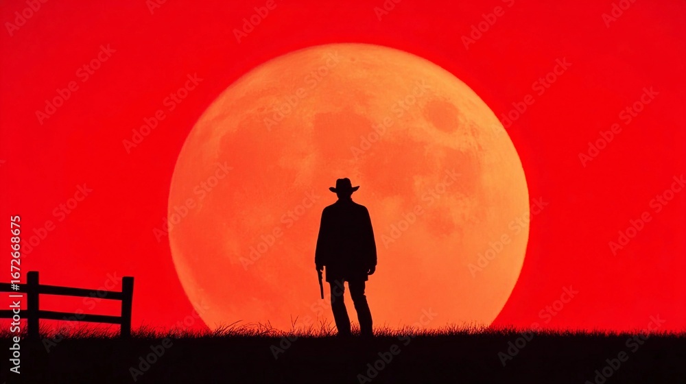 Naklejka premium Silhouette of a cowboy with a revolver under a large full moon at sunset in a picturesque western landscape