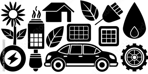 Collection of eco friendly energy and sustainability icons including a car house and solar panels silhouette isolated on white background