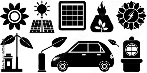 Collection of ecological and renewable energy icons including solar power electric car and green technology concepts silhouette isolated on white background