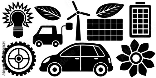 Collection of eco friendly energy and transportation icons in silhouette isolated on white background