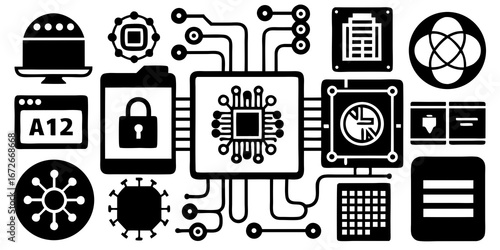 Collection of technology and computer icons in a silhouette style isolated on white background