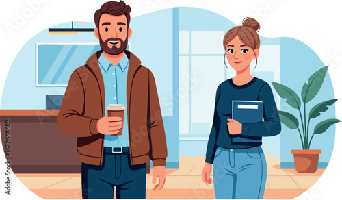 Young man and woman holding coffee cups in cozy interior setting casual lifestyle scene 