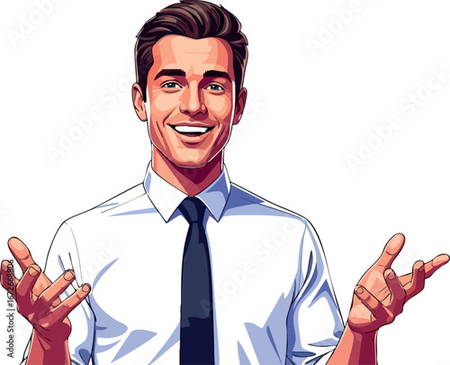 Smiling businessman in white shirt and black tie welcoming gesture vector illustration 