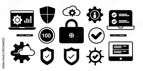 Collection of cybersecurity and data protection icons featuring security shields and digital devices silhouette isolated on white background
