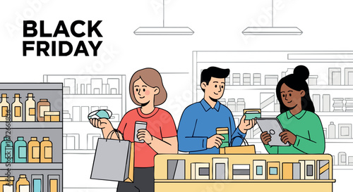 Black Friday Shopping People Buying Electronics and Drinks in Store Vector Illustration 
