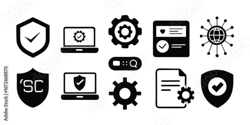 Collection of security and technology icons including shields laptops gears and global network silhouette isolated on white background
