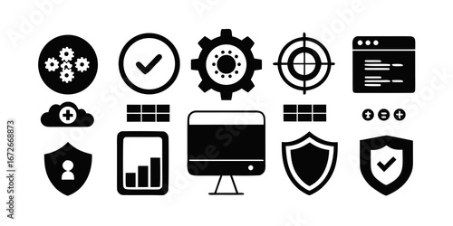 Collection of technology and security icons including gears cloud target and shields silhouette isolated on white background