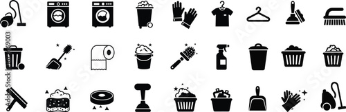 Cleaning and Laundry Icon Set – Washing Machine, Vacuum, Trash, Gloves, Iron, Soap, Housekeeping, Vector Clipart