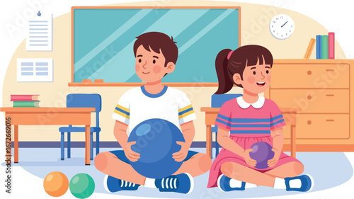 Children playing with colorful balls in cozy classroom setting vector illustration 