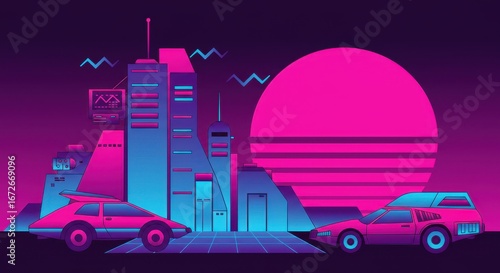 “A retro-futuristic vector illustration blending neon gradients, geometric sci-fi motifs, and nostalgia for the 80s-90s.”
