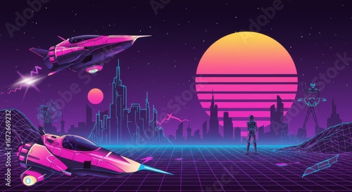 “A retro-futuristic vector illustration blending neon gradients, geometric sci-fi motifs, and nostalgia for the 80s-90s.”
