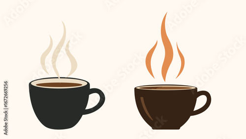 Two vector illustrations of steaming mugs of coffee or tea, featuring different colors and minimalist, stylized designs on a simple background.