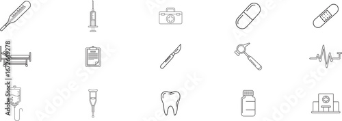 Comprehensive Set of Medical and Healthcare Icons Representing Tools, Equipment, and Symbols for Professional Medical Practice and Patient Care