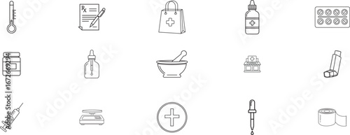 Comprehensive Set of Medical and Pharmaceutical Icons for Healthcare Professionals and Industry Experts, Featuring Essential Tools and Supplies