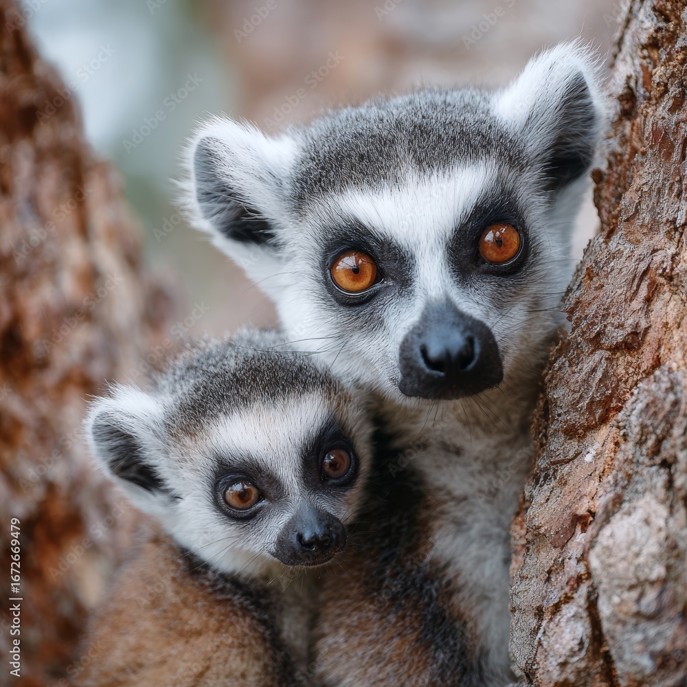 Obraz premium Two ring-tailed lemurs gazing curiously from their treetop perch. The lemurs have distinctive ringed tails, playful eyes, and soft, grey fur