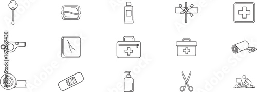 Essential Medical and First Aid Icon Set for Healthcare, Emergency Response, and Safety Training, Featuring Tools and Symbols in a Minimalist Design