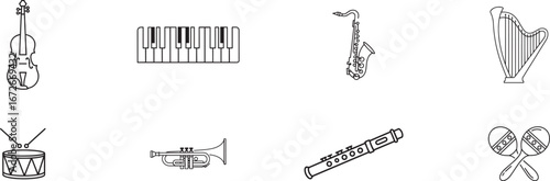 Musical Instrument Icons Collection: Violin, Piano, Saxophone, Harp, Drums, Trumpet, Clarinet, and Maracas for Professional Design and Educational Use