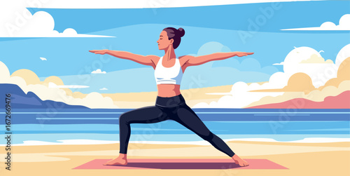 Woman practicing yoga warrior pose on beach with ocean and sky background vector illustration 