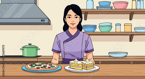 Woman chef presenting pizza and cake in kitchen with colorful dishes vector 