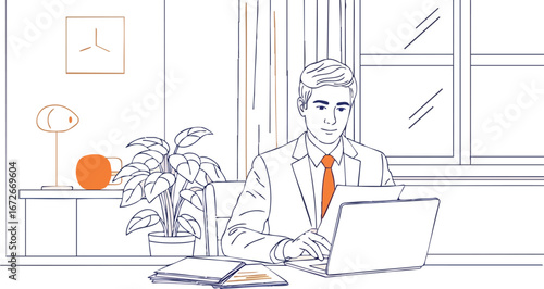 Businessman working on laptop with orange tie and plant in office vector illustration 