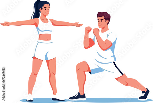 Young man and woman exercising together in fitness workout routine vector illustration 