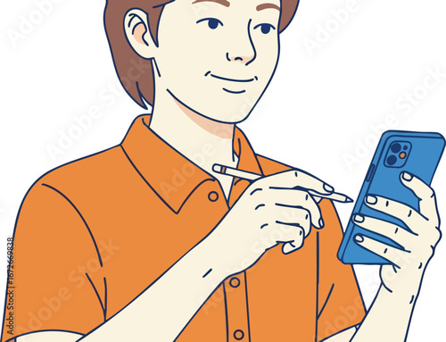 Young man using smartphone with stylus pen in casual orange shirt vector illustration 