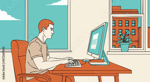 Man Working on Computer at Desk in Office with Window View Vector Illustration 