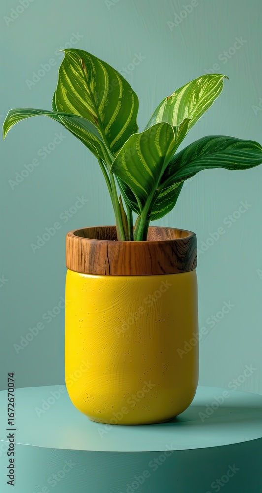 Fototapeta premium Yellow potted plant on teal surface, minimalist background, home decor
