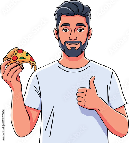 Man holding slice of pizza giving thumbs up casual food enjoyment vector illustration 