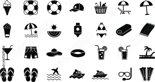 Summer and Beach Icon Set – Ice Cream, Lifebuoy, Bikini, Towel, Palm, Drink, Swim, Vacation, Vector Clipart