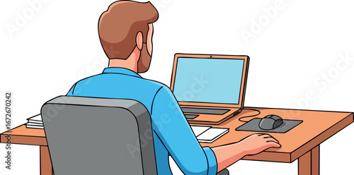 Man Working on Laptop at Desk in Casual Office Setting with Blue Shirt 