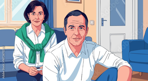 Middle aged man and woman sitting in living room casual indoor family scene vector illustration 