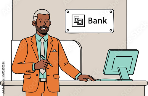 Businessman in orange suit working at bank counter with computer vector illustration 