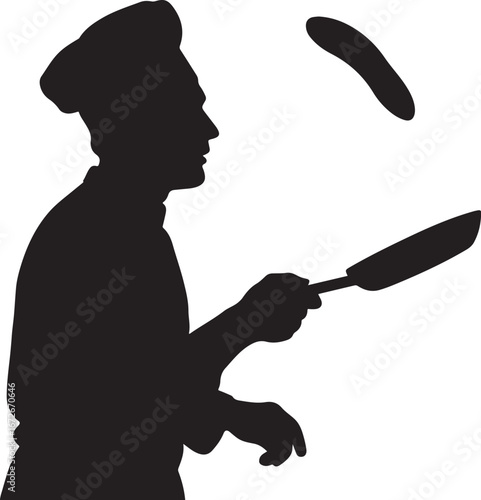 Silhouette of a chef flipping a pancake in a pan cooking