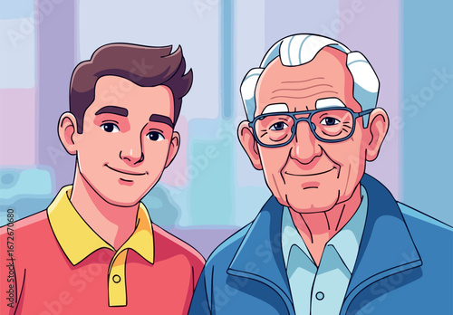 Grandfather and grandson portrait in casual clothing smiling together indoors family connection 