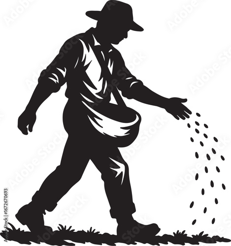 Silhouette of a farmer sowing seeds in a field agriculture farming