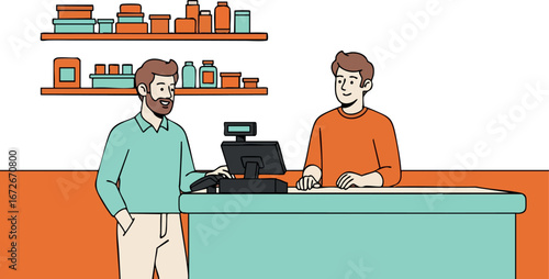 Customer and cashier interaction at retail counter with shelves and products vector illustration 