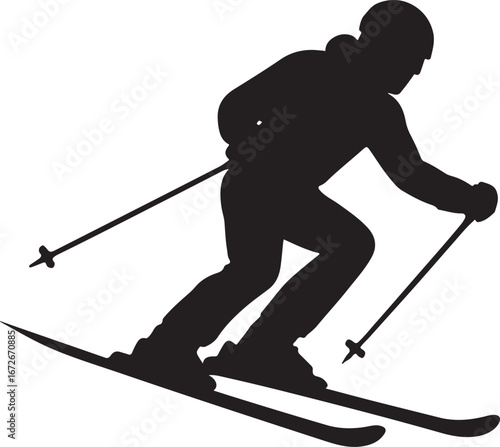 Black silhouette of a skier in motion on skis with poles skiing black and white