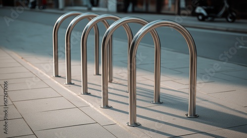 Empty metal bike rack for urban infrastructure projects, cycling promotion campaigns, and smart city presentations – clean daylight setting, steel finish, centered framing, no copy space