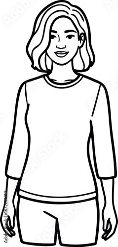 Woman standing casual pose black and white line art vector illustration 