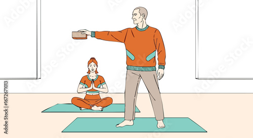 Elderly man instructing woman in yoga meditation practice indoors vector illustration 