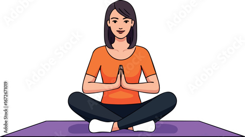Woman practicing meditation in seated yoga pose on purple mat for relaxation and mindfulness 