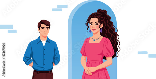Young man and woman standing near blue arched window in casual clothing vector illustration 
