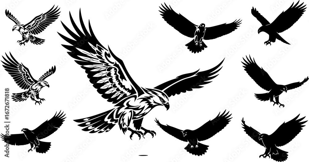 Obraz premium Hawk silhouettes, Flying hawk silhouette, Hawk svg, Tribal hawk silhouette, Hawk vector illustration