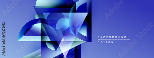 Abstract blue shapes overlap, creating dynamic visual effect. Gradient shades enhance depth, modern design aesthetic.
