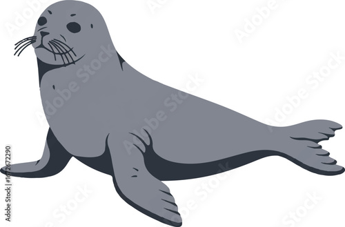 Gray cartoon harbor seal with large black eyes, perfect for childrens books, educational materials, and cute sea creature designs.