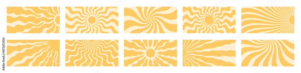 Obraz premium Groovy retro sun burst with yellow wave style forms the main abstract pattern set. Y2k sunshine pattern background and bold ray set in horizontal graphic layout for modern wallpaper or creative