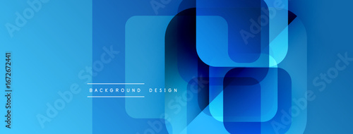 Abstract blue geometric shapes overlap creating modern design. Gradient shades provide depth, texture, visual interest. Background features text.